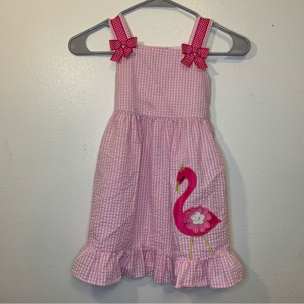 Counting Daisies flamingo seersucker dress summer animal girl size 5 pink
